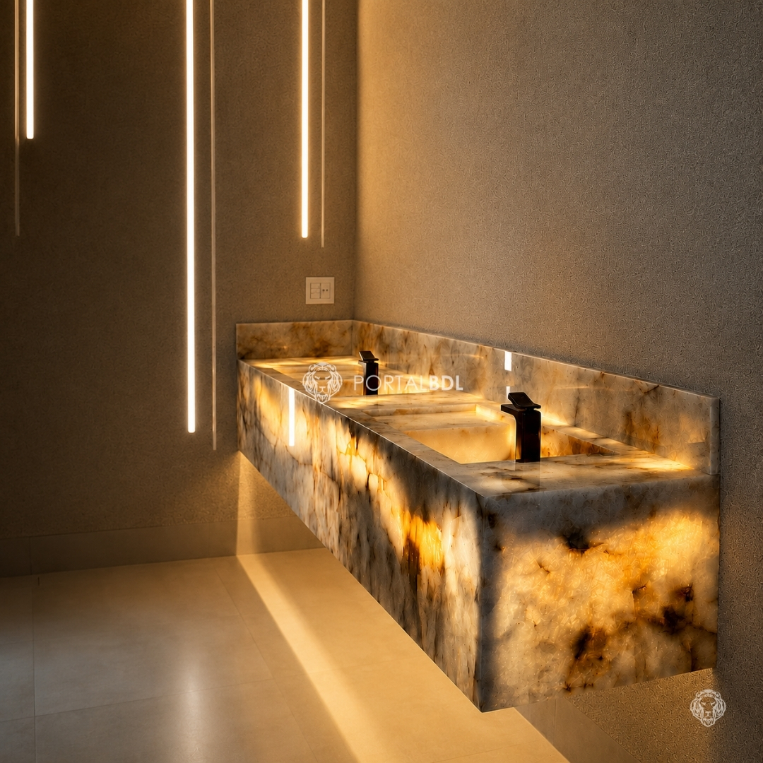 Lavabo com bancada em quartzito iluminado